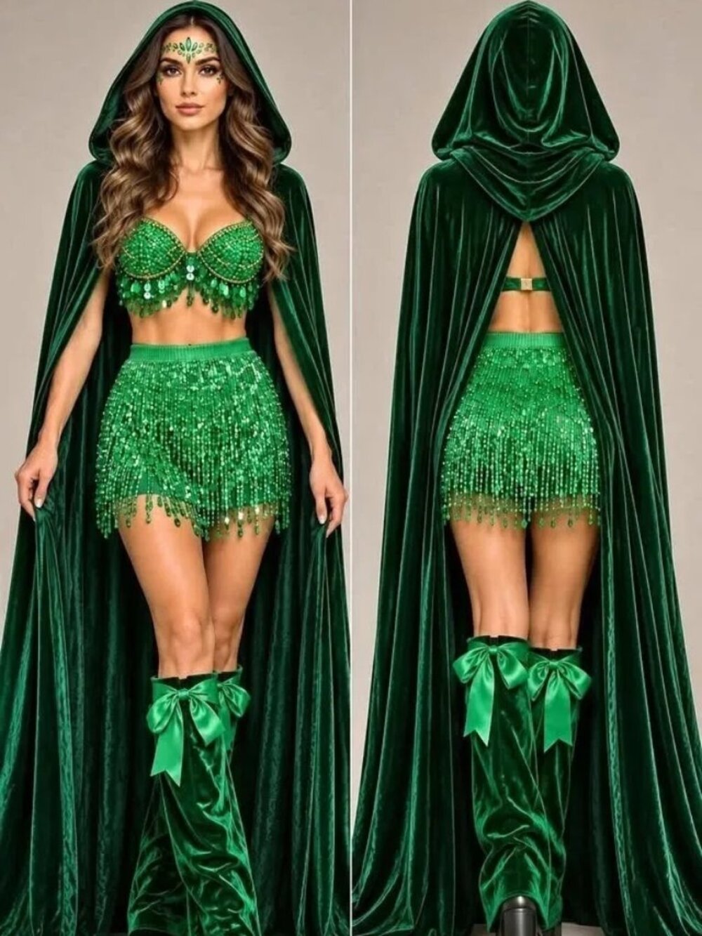 Custom made Women’s Green Goddess / Poison Ivy Costume Sz 36 5 Piece Sequin Set